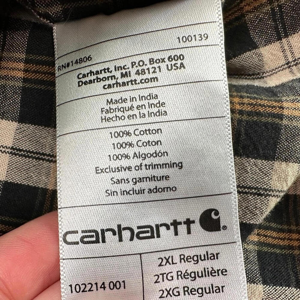 Carhartt Long Sleeve Button Shirt Men's 2XL Relaxed‎ Fit Brown White Plaid Hike - Picture 5 of 10